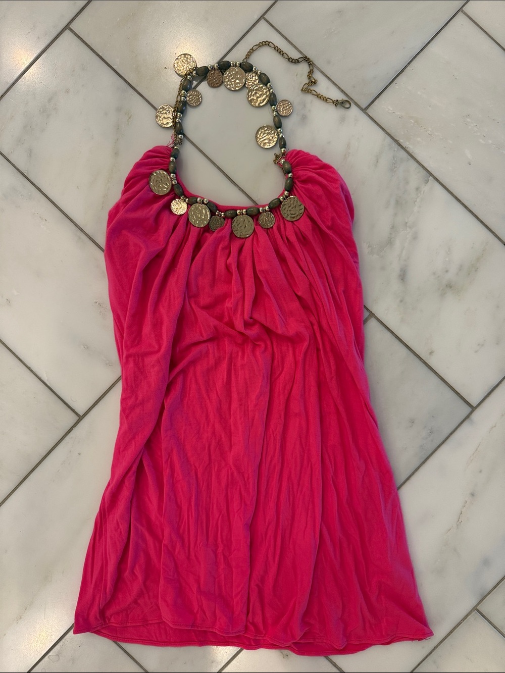 Fate Hot Pink Halter Necklace Dress with Gold Coin Accents
